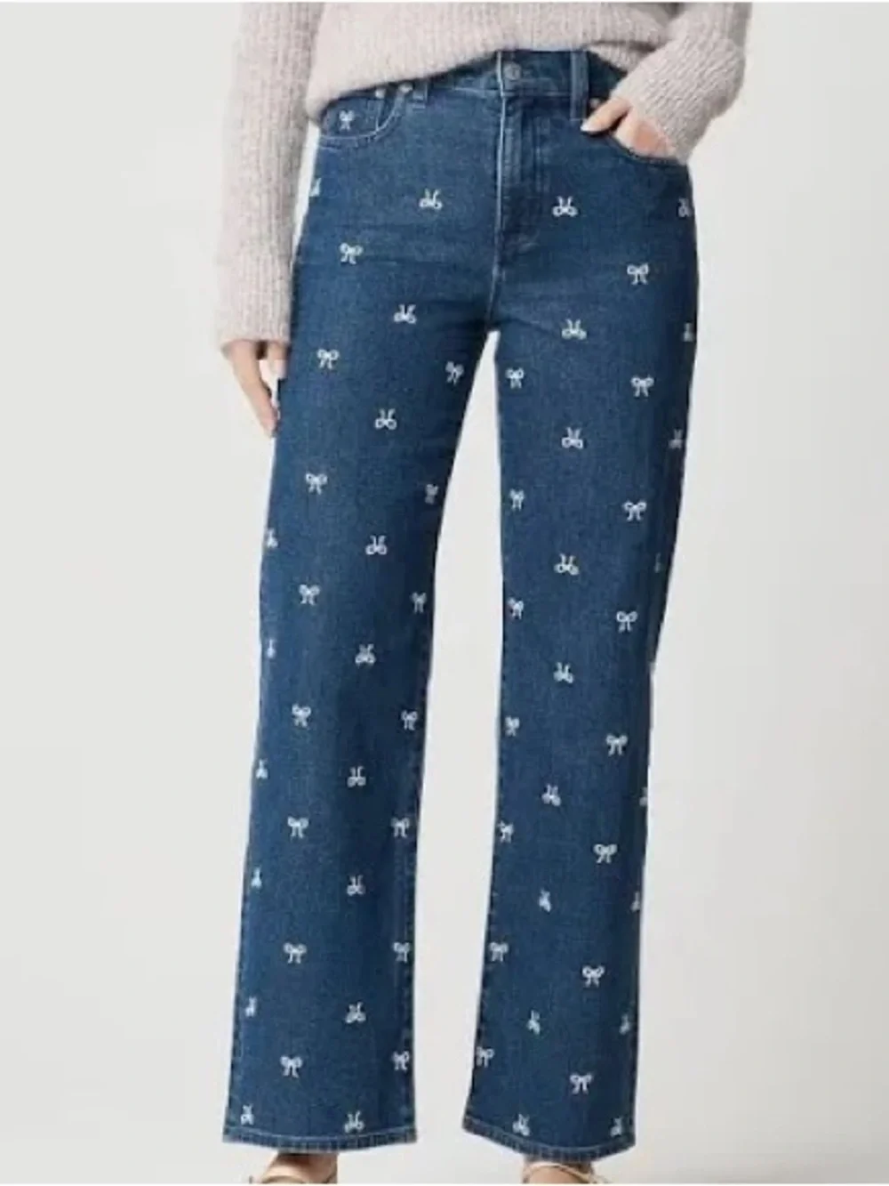 J Crew Slim Wide Leg Jeans Womens 30 Blue Denim Bow Embroidered Cotton